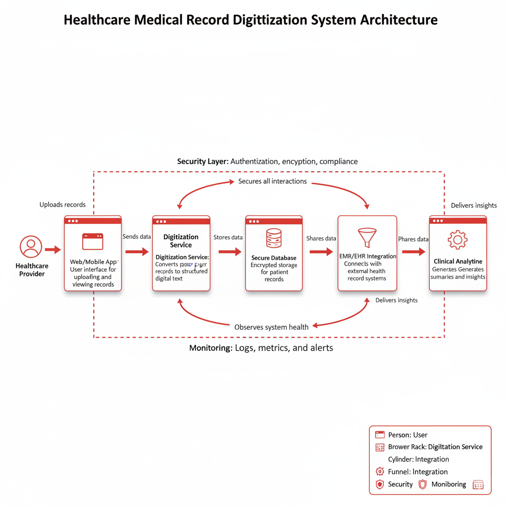 Healthcare document processing OCR system illustrating Medical Record Digitization, EMR System Integration, Clinical Summaries, and specific Data Security measures.